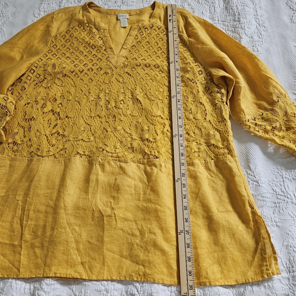 Chico’s 100% linen loose artsy lace top Lagenlook blouse yellow XL - Picture 7 of 10